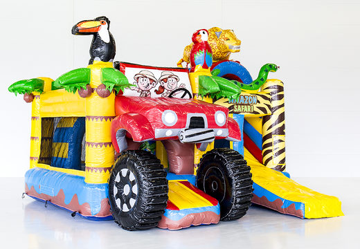 Multiplay-amazonas-safari-hüpfburg mit rutsche, lustigen objekten auf der hüpffläche und auffälligen 3D-Objekten für kinder. Bestellen sie aufblasbare hüpfburgen online bei JB-Hüpfburgen Deutschland