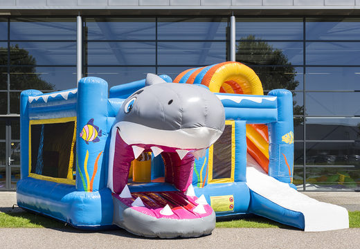 Mittelgroße aufblasbare multiplay-hüpfburg im hai-design für kinder. Bestellen sie aufblasbare hüpfburgen online bei JB-Hüpfburgen Deutschland
