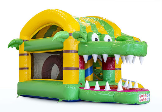 Hüpfburg im krokodil-design mit 3D-objekten im Inneren und einer rutsche für kinder. Kaufen sie aufblasbare hüpfburgen online bei JB-Hüpfburgen Deutschland