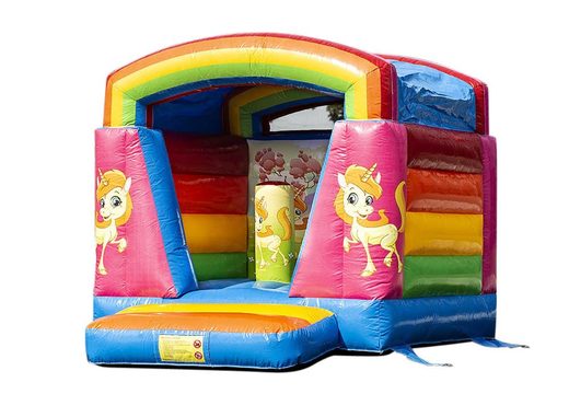 Kleine aufblasbare hüpfburg im regenbogen-einhorn-design zum kaufen für kinder. Erhältlich bei JB-Hüpfburgen Deutschland online