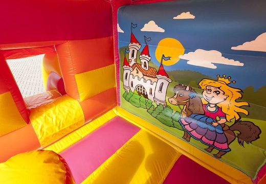 Midi multifun aufblasbare hüpfburg für kinder in einer farbkombination aus pink, gelb und orange im prinzessinnen-thema zu verkaufen. Online verfügbar bei JB-Hüpfburgen Deutschland