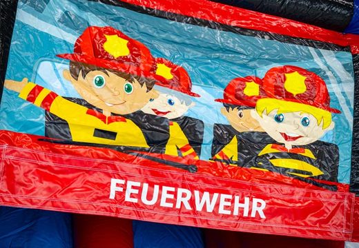 Hüpfburg Feuerwehrthema mit Illustration deutscher Feuerwehrmänner, online bestellen