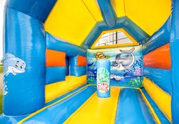 Midi seaworld thema multifun aufblasbare hüpfburg mit dach und in einer farbkombination aus blau, gelb und orange zum verkauf bei JB-Hüpfburgen Deutschland online