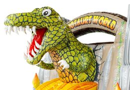 Kinderfreundliche Hüpfburg mit einer lustigen Mischung aus Klettern, Rutschen und Dinosaurierfiguren.