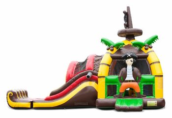 Groot opblaasbaar overdekt multiplay super springkussen met glijbaan kopen in thema piraat pirate voor kinderen. Bestel springkussens online bij JB Inflatables Nederland