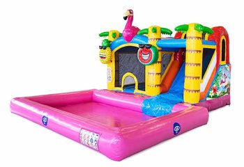 Opblaasbaar Jumpy Happy Splash springkussen met bad kopen in thema flamingo voor kinderen bij JB Inflatables