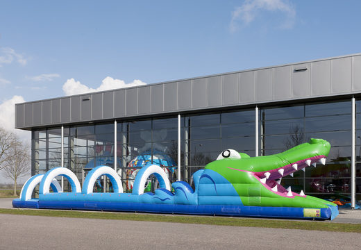 Spektakuläre aufblasbare Krokodil-bauchrutsche mit einer Länge von 18 meter und einer extra breiten bahn für kinder. Kaufen sie aufblasbare bauchrutschen jetzt online bei JB-Hüpfburgen Deutschland