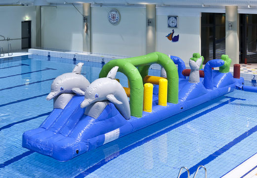 Coole delfin-poolbahn mit herausfordernden hindernisobjekten für jung und alt. Bestellen sie aufblasbare poolspiele jetzt online bei JB-Hüpfburgen Deutschland