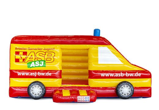 Bestellen sie maßgefertigte hüpfburg mit logo für ASB-Krankenwagen bei JB-Hüpfburgen Deutschland. Fordern sie ein kostenloses design für aufblasbare individuelle hüpfburgen in Ihrer eigenen farbe und mit Ihrem logo an