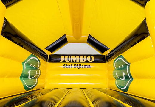 Bestellen sie jetzt eine maßgeschneiderte Jumbo – eine hüpfburg sonderanfertigung mit rahmen, komplett mit Jumbo-logo und in den farben schwarz und gelb, auch mit Rutsche bei JB-Hüpfburgen Deutschland erhältlich. Aufblasbare hüpfburg mit logo in allen formen, größen und farben