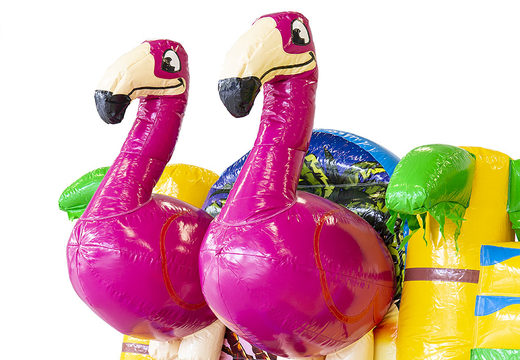 Bestellen sie maßgeschneiderte multiplay-hüpfburg werbung Flamingo bei JB-Hüpfburgen Deutschland; spezialist für aufblasbare individuelle hüpfburgen wie kundenspezifische Türsteher
