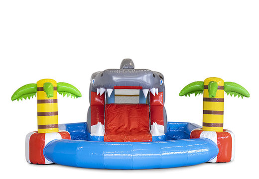 Minipark hüpfburg mit wasserrutsche und schwimmbecken im hai-design für kinder. Kaufen sie aufblasbare hüpfburgen online bei JB-Hüpfburgen Deutschland