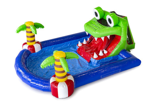Kaufen sie große aufblasbare hüpfburg mit wasserrutsche und pool im minipark krokodil-thema für kinder. Bestellen sie aufblasbare hüpfburgen online bei JB-Hüpfburgen Deutschland