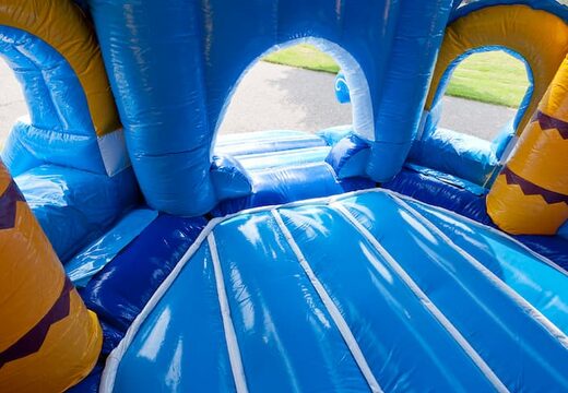 Opblaasbaar overdekt shooting fun springkasteel met glijbaan te koop in thema shooter challenge dolfijn schieten voor kids