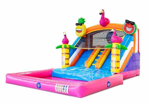 Kaufen sie bei JB-Hüpfburgen Deutschland eine hüpfburg mit wasserrutsche und einem 3D-objekt eines großen flamingos. Bestellen sie hüpfburgen jetzt online bei JB-Hüpfburgen Deutschland