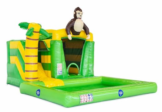 Kaufen sie eine kleine grüne splash-hüpfburg für kinder im dschungel-design mit einem 3D-objekt eines gorillas bei JB-Hüpfburgen Deutschland