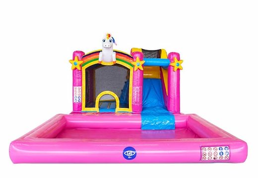 Opblaasbaar Jumpy Happy Splash roze springkasteel met waterbad kopen in thema unicorn eenhoorn regenboog rainbow voor kinderen bij JB Inflatables