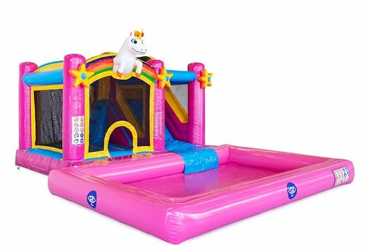 Opblaasbaar Jumpy Happy Splash roze luchtkussen met waterbad kopen in thema unicorn eenhoorn regenboog rainbow voor kinderen bij JB Inflatables