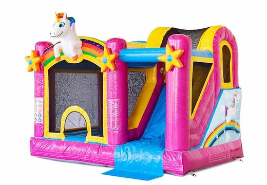 Opblaasbaar Jumpy Happy Splash roze springkussen met waterbad te koop in thema unicorn eenhoorn regenboog rainbow voor kinderen bij JB Inflatables