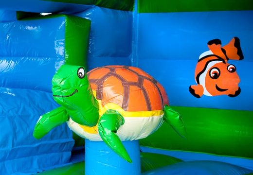 Bestellen sie eine multifunktionale hüpfburg mit einer markanten 3D-schildkrötenfigur oben und einer rutsche für kinder. Kaufen sie hüpfburgen online bei JB-Hüpfburgen Deutschland