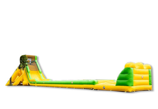 Opblaasbare mega grote glijbaan van 46 meter lang te koop in de kleuren geel met groen