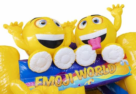 Aufblasbare Hüpfburg mit Rutsche in Gelb mit Emojis darauf für Kinder zu verkaufen
