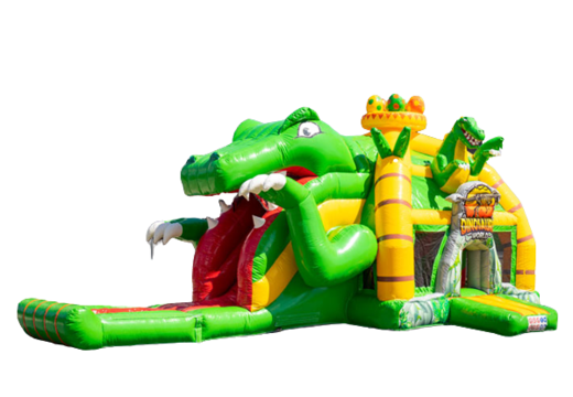 Kaufen Sie aufblasbares Luftkissen Multiplay mit Rutsche im gelbgrünen Dino-Design