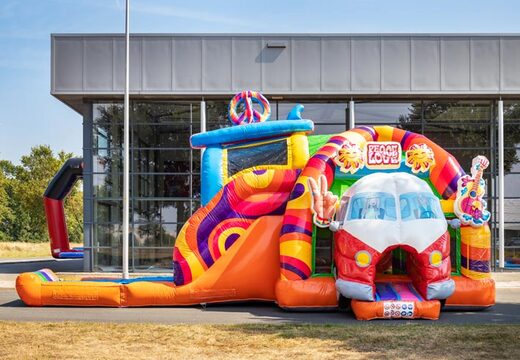 Kaufen Sie aufblasbare Multiplay-Super-Hüpfburg im Hippie-Design mit vielen Farben für Kinder