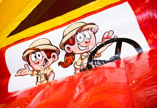 Aufblasbares Luftkissen mit Dach und Rutsche im Safari-Design mit 3D-Tieren darauf für Kinder