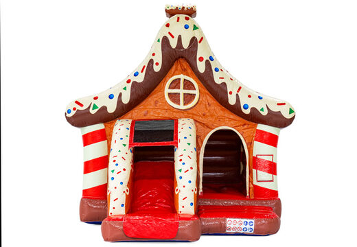 Aufblasbares Lebkuchenhaus Hüpfburg Winterthema rot braun weiß orange