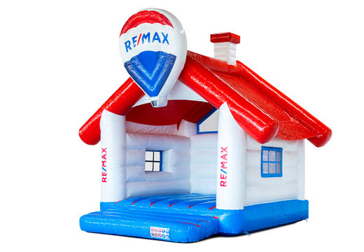 Maßgeschneidertes Haus mit Heißluftballon Hüpfburg in Rot, Weiß, Blau und Logo
