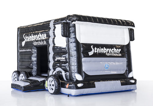 Promotionele maatwerk Steinbrecher fashrschule bus springkussen in zwart online kopen. Bestel nu opblaasbare springkussens voor evenementen in eigen huisstijl bij JB Inflatables Nederland